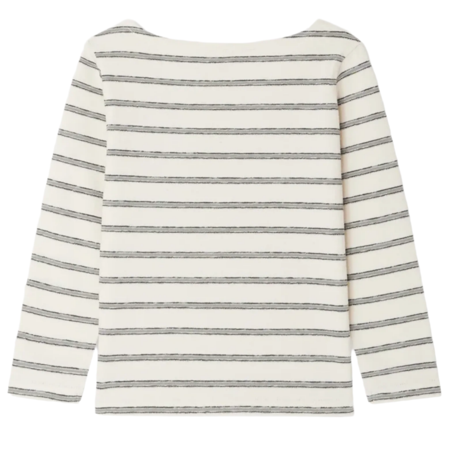 The Boys' Baudelaire Striped T-shirt by Bonpoint is a cream, long-sleeved top in organic cotton with horizontal black stripes and guitar embroidery, shown flat with the back side facing up.