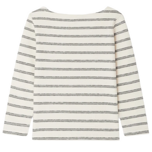 The Boys' Baudelaire Striped T-shirt by Bonpoint is a cream, long-sleeved top in organic cotton with horizontal black stripes and guitar embroidery, shown flat with the back side facing up.