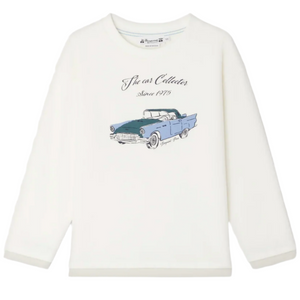 The Boys' Bartholome White T-shirt by Bonpoint features a blue vintage car print and "The car Collector Since 1975" on the front, crafted in organic cotton.