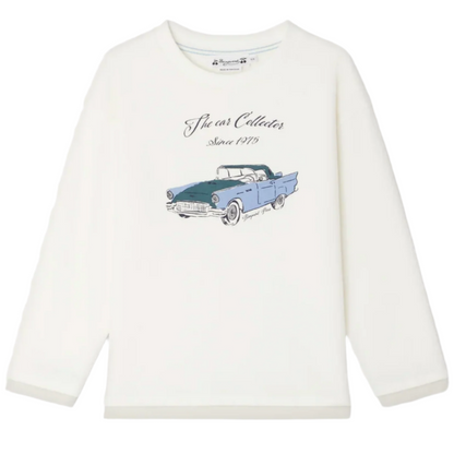 The Boys' Bartholome White T-shirt by Bonpoint features a blue vintage car print and "The car Collector Since 1975" on the front, crafted in organic cotton.
