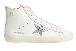 Bonpoint x Golden Goose white sneakers by Bonpoint, featuring a glittery silver star, pink laces, gold "GGDB/LTD EDITION" text, and a small star symbol near the heel.