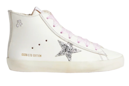 Bonpoint x Golden Goose white sneakers by Bonpoint, featuring a glittery silver star, pink laces, gold "GGDB/LTD EDITION" text, and a small star symbol near the heel.
