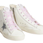 Bonpoint x Golden Goose White Sneakers: girls’ leather high-tops with pink laces, silver glitter star on the side, and a side zipper detail by Bonpoint.