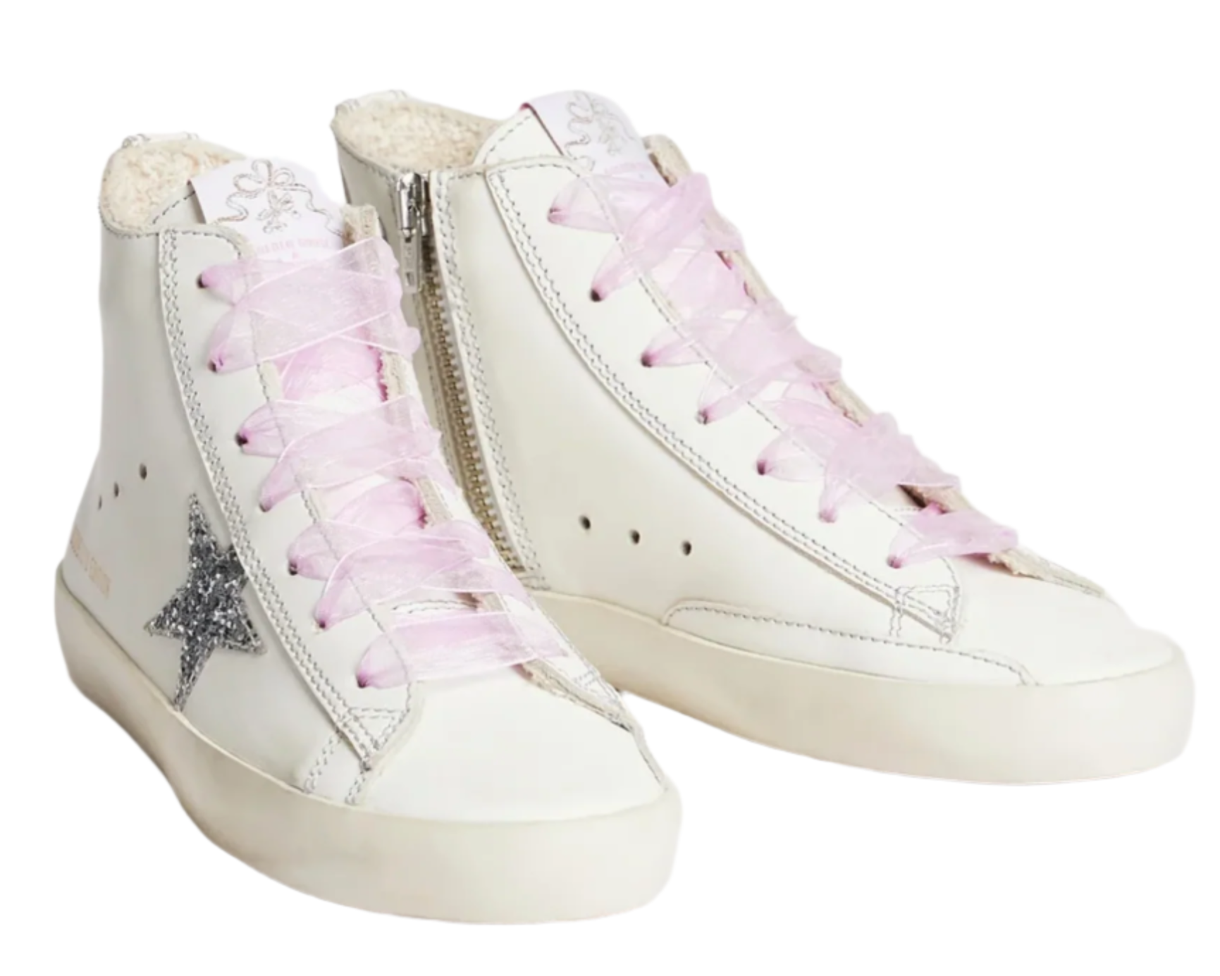 Bonpoint x Golden Goose White Sneakers: girls’ leather high-tops with pink laces, silver glitter star on the side, and a side zipper detail by Bonpoint.