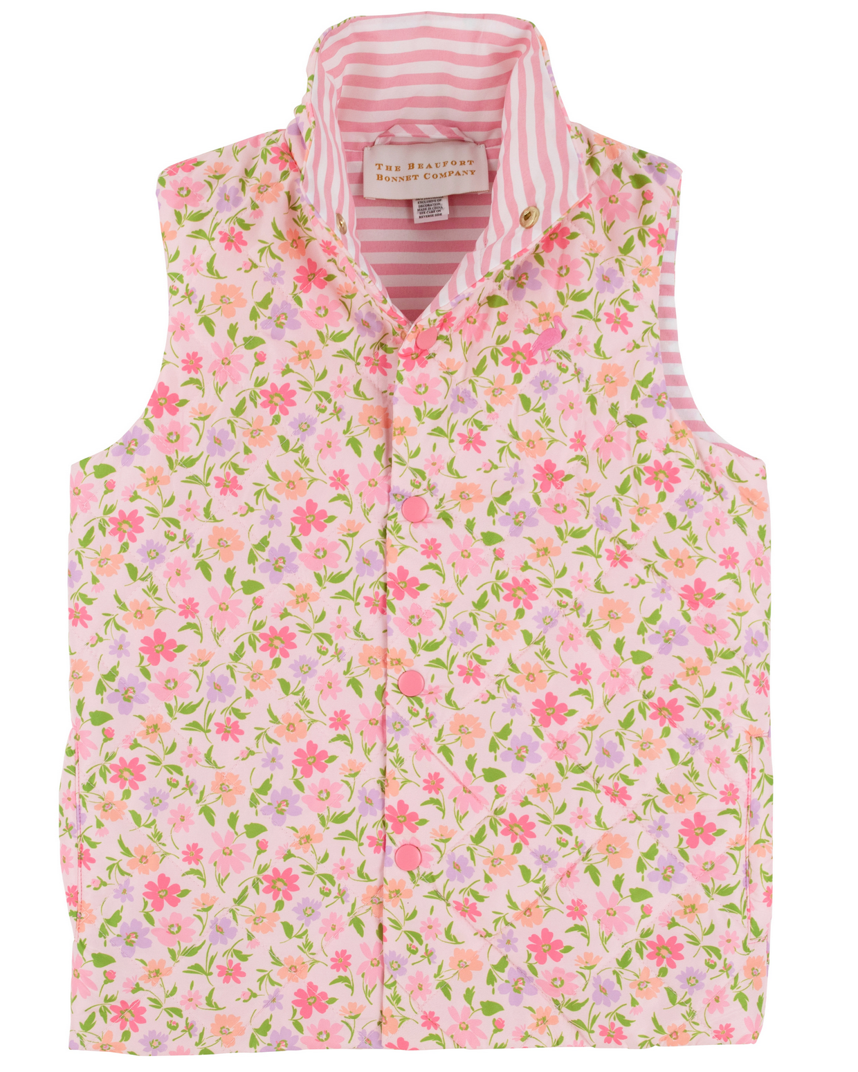 The Baby Girls' and Girl's Vaughn Vest by The Beaufort Bonnet Company features a Grand Cayman Gardens-inspired pink, green, and purple floral print with a pink-and-white striped inner lining, shown flat with visible buttons.