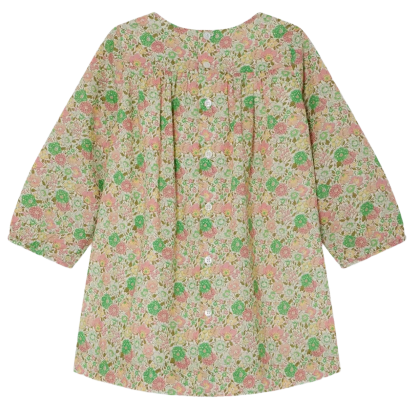 The Bonpoint Baby Girls' and Girls' Félicie Smocked Dress, crafted from soft Liberty fabric in pink, green, and beige florals, features long sleeves and back buttons for timeless style.