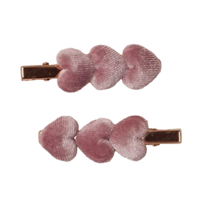 Noralee Velvet Heart Clips: a set of two rose gold alligator clips, each featuring three soft pink velvet heart shapes.