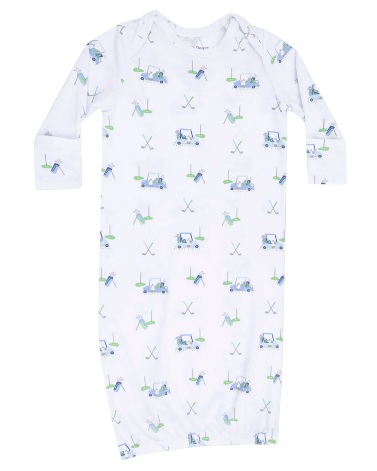 Angel Dear Baby Boys' Lap Shoulder Gown is made from white bamboo, with long sleeves and a blue and green golf-themed print—featuring carts, flags, and clubs—making it ideal as cozy baby sleepwear.