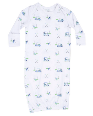 Angel Dear Baby Boys' Lap Shoulder Gown is made from white bamboo, with long sleeves and a blue and green golf-themed print—featuring carts, flags, and clubs—making it ideal as cozy baby sleepwear.