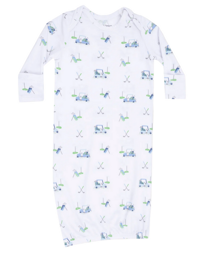 Angel Dear Baby Boys' Lap Shoulder Gown is made from white bamboo, with long sleeves and a blue and green golf-themed print—featuring carts, flags, and clubs—making it ideal as cozy baby sleepwear.