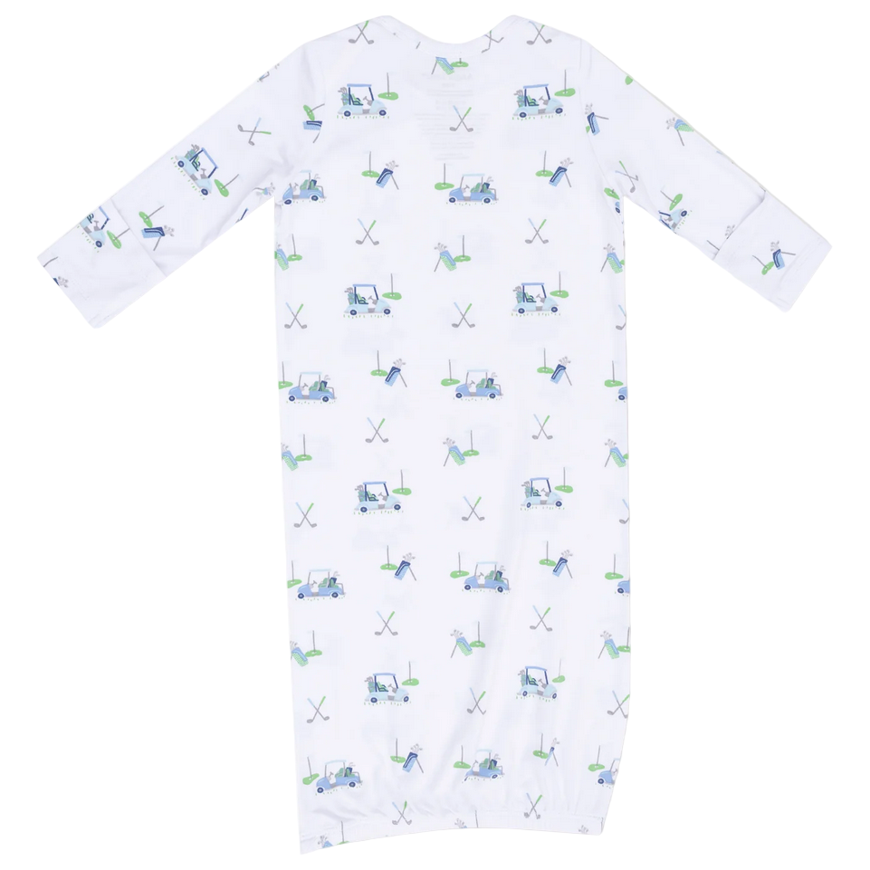 The Angel Dear Baby Boys' Lap Shoulder Gown features long sleeves and a playful blue and green golf print with carts, clubs, balls, and tees on white bamboo fabric. Ideal for cozy baby sleepwear.