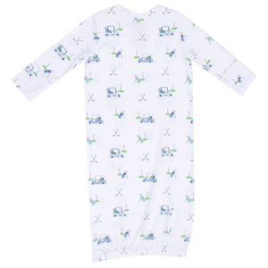 The Angel Dear Baby Boys' Lap Shoulder Gown features long sleeves and a playful blue and green golf print with carts, clubs, balls, and tees on white bamboo fabric. Ideal for cozy baby sleepwear.