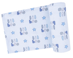 The Angel Dear Swaddle Blanket is shown rolled and unrolled, featuring a blue and gray "bro" with star pattern on a white background.