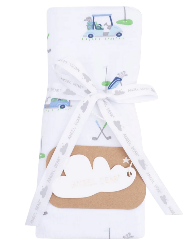 A folded white and blue striped 2-ply burp cloth with golf cart prints, finished with binding, tied with a white "Angel Dear" ribbon, and a cloud-shaped tag attached.