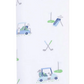 The Angel Dear Baby Golf Carts - Blue Stripe 2 Ply Burp Cloth with Binding features playful golf carts, clubs, and greens in blue, green, and gray on soft bamboo—sporty style for your little one.