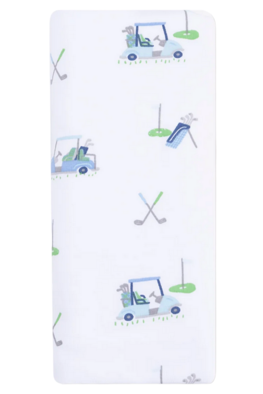 The Angel Dear Baby Golf Carts - Blue Stripe 2 Ply Burp Cloth with Binding features playful golf carts, clubs, and greens in blue, green, and gray on soft bamboo—sporty style for your little one.