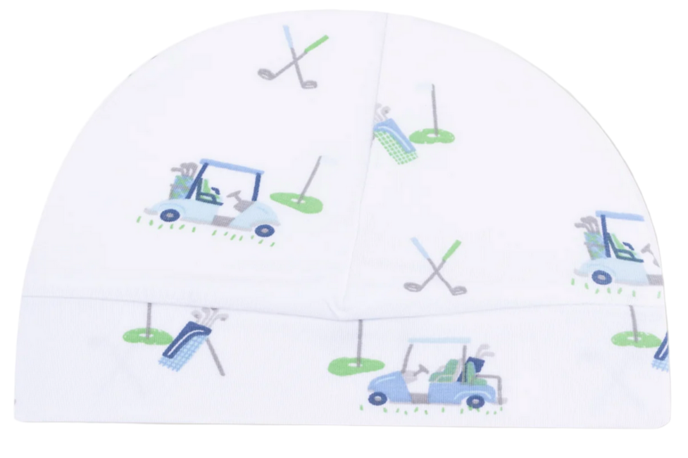Angel Dear Beanie Hat featuring a charming pattern of golf carts, clubs, and greens in blue, green, and gray—an adorable newborn accessory for little golfers.
