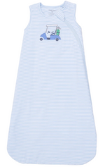 The Angel Dear Baby Sleep Bag is a light blue and white striped sleeveless bamboo sleep sack for babies, with a golf cart and bag embroidered on the chest for breathable, all-night comfort.