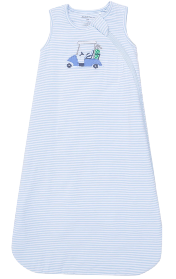 The Angel Dear Baby Sleep Bag is a light blue and white striped sleeveless bamboo sleep sack for babies, with a golf cart and bag embroidered on the chest for breathable, all-night comfort.
