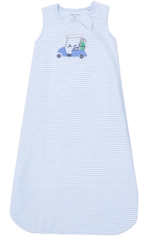 The Angel Dear Baby Sleep Bag is a light blue and white striped sleeveless bamboo sleep sack for babies, with a golf cart and bag embroidered on the chest for breathable, all-night comfort.