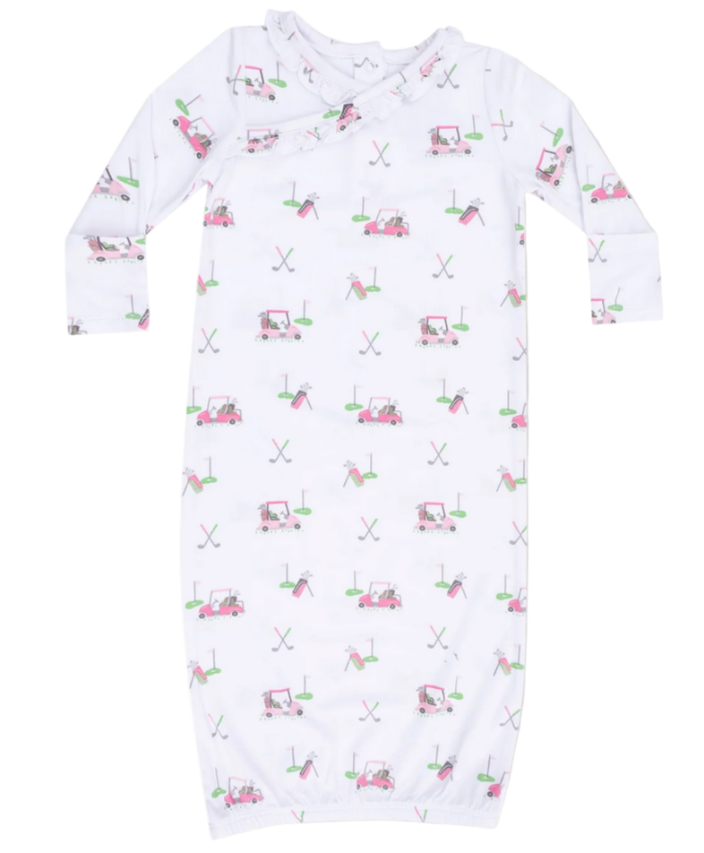 Angel Dear Baby Girls' Kimono Gown features playful pink and green golf carts, clubs, flags, and holes in a comfy long-sleeve bamboo design—perfect sleepwear for your little golfer.