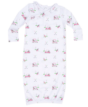 Angel Dear Baby Girls' Kimono Gown features playful pink and green golf carts, clubs, flags, and holes in a comfy long-sleeve bamboo design—perfect sleepwear for your little golfer.