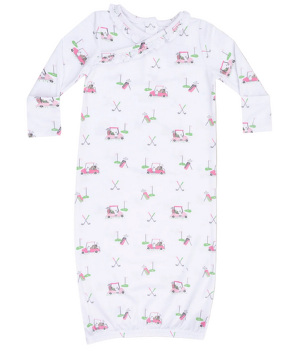 Angel Dear Baby Girls' Kimono Gown features playful pink and green golf carts, clubs, flags, and holes in a comfy long-sleeve bamboo design—perfect sleepwear for your little golfer.