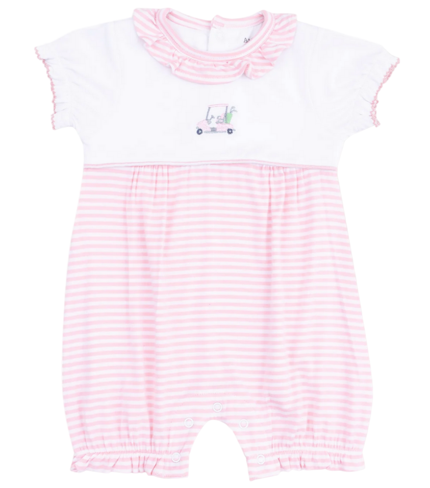 The Angel Dear Baby Girl's Ruffle Collar Romper with Piping and Picot features pink and white stripes, short sleeves, a ruffled collar, and sweet golf cart embroidery—perfect for stylish little ones.