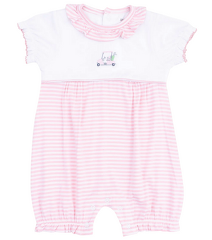 The Angel Dear Baby Girl's Ruffle Collar Romper with Piping and Picot features pink and white stripes, short sleeves, a ruffled collar, and sweet golf cart embroidery—perfect for stylish little ones.