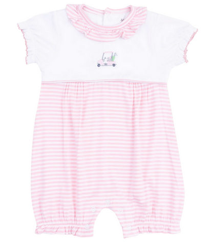 The Angel Dear Baby Girl's Ruffle Collar Romper with Piping and Picot features pink and white stripes, short sleeves, a ruffled collar, and sweet golf cart embroidery—perfect for stylish little ones.