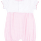 The Angel Dear Baby Girl's Ruffle Collar Romper with Piping and Picot features a white top, pink-and-white striped bottom, ruffled leg cuffs, and a charming collar—perfect for stylish little ones.