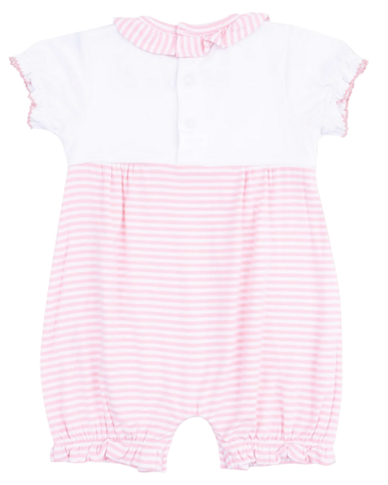 The Angel Dear Baby Girl's Ruffle Collar Romper with Piping and Picot features a white top, pink-and-white striped bottom, ruffled leg cuffs, and a charming collar—perfect for stylish little ones.
