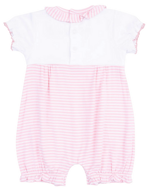 The Angel Dear Baby Girl's Ruffle Collar Romper with Piping and Picot features a white top, pink-and-white striped bottom, ruffled leg cuffs, and a charming collar—perfect for stylish little ones.