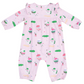 Angel Dear Baby Girls' Ruffle Sleeve Romper features light pink fabric, colorful cartoon sheep, green patches, and snaps along the legs for easy diaper changes.