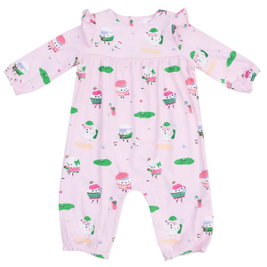 Angel Dear Baby Girls' Ruffle Sleeve Romper features light pink fabric, colorful cartoon sheep, green patches, and snaps along the legs for easy diaper changes.