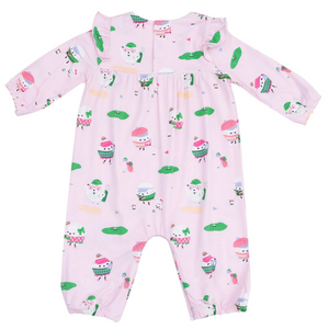 Angel Dear Baby Girls' Ruffle Sleeve Romper features cartoon animals in hats and scarves, green lily pads, yellow accents, and is made from soft bamboo fabric for extra comfort.