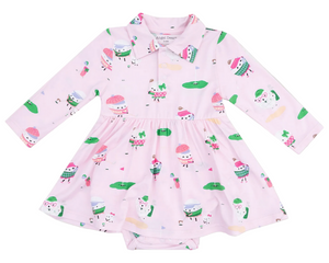 The Angel Dear Baby Girls' Long Sleeve Polo Bodysuit Dress features playful cupcake and golf prints, a cute collar, and comfy bamboo fabric—perfect for little ones.
