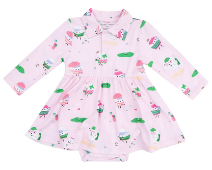 The Angel Dear Baby Girls' Long Sleeve Polo Bodysuit Dress features playful cupcake and golf prints, a cute collar, and comfy bamboo fabric—perfect for little ones.