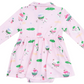 The Angel Dear Baby Girls' Long Sleeve Polo Bodysuit Dress features golf-themed cartoon prints—golf balls, cupcakes, and flags—on soft pink bamboo fabric. Displayed flat with the back facing up, this dress offers playful style and gentle comfort for your little one.