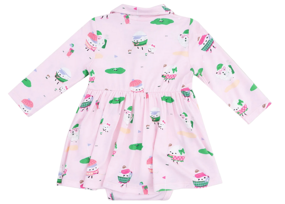 The Angel Dear Baby Girls' Long Sleeve Polo Bodysuit Dress features golf-themed cartoon prints—golf balls, cupcakes, and flags—on soft pink bamboo fabric. Displayed flat with the back facing up, this dress offers playful style and gentle comfort for your little one.