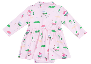The Angel Dear Baby Girls' Long Sleeve Polo Bodysuit Dress features golf-themed cartoon prints—golf balls, cupcakes, and flags—on soft pink bamboo fabric. Displayed flat with the back facing up, this dress offers playful style and gentle comfort for your little one.