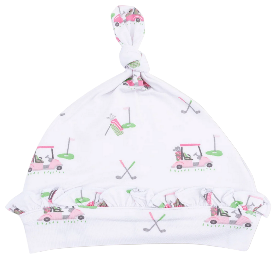Angel Dear Knotted Hat features playful golf cart, club, and flag illustrations in pink, green, and gray. This soft bamboo baby hat with a top knot is perfect for your little golfer.
