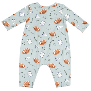 The Angel Dear Baby Boys' Touchdown Time Long Sleeve Henley Romper features a football and playbook pattern with snap buttons at the legs for easy changes.