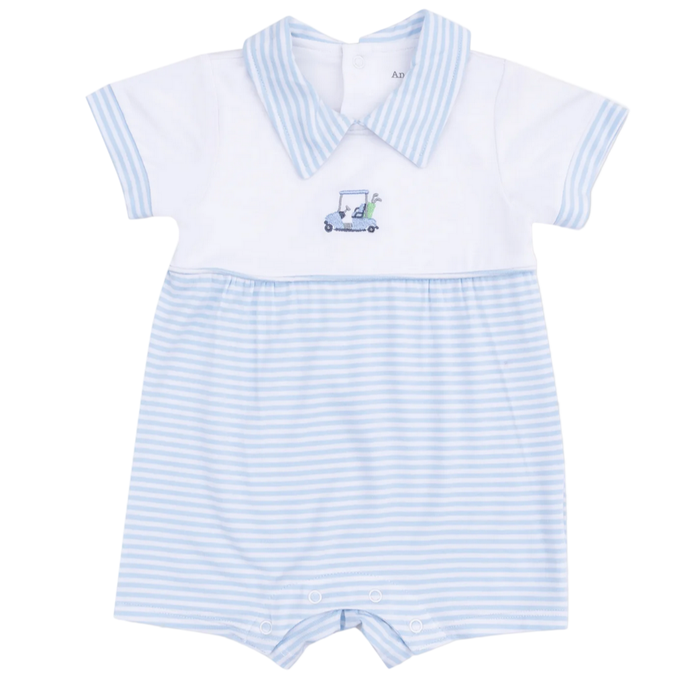 The Angel Dear Baby Boys' Polo Shortie with Contrast features blue and white stripes, a collared neckline, and an embroidered golf cart on the chest.