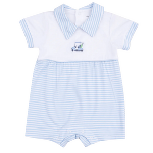 The Angel Dear Baby Boys' Polo Shortie with Contrast features blue and white stripes, a collared neckline, and an embroidered golf cart on the chest.