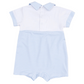 The Angel Dear Baby Boys' Polo Shortie with Contrast features a collared, short-sleeve white top and light blue and white horizontal striped bottom and sleeves.