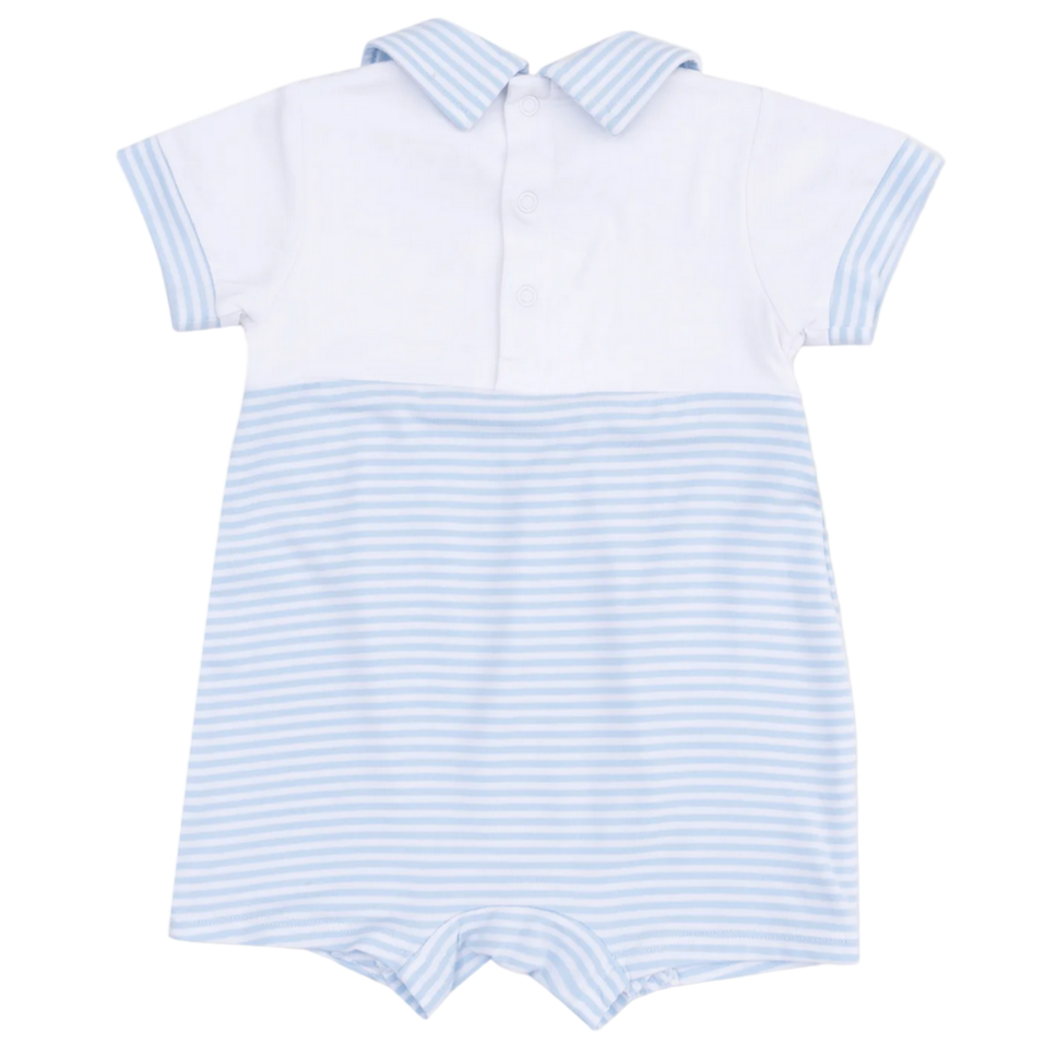 The Angel Dear Baby Boys' Polo Shortie with Contrast features a collared, short-sleeve white top and light blue and white horizontal striped bottom and sleeves.