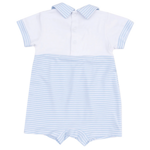 The Angel Dear Baby Boys' Polo Shortie with Contrast features a collared, short-sleeve white top and light blue and white horizontal striped bottom and sleeves.