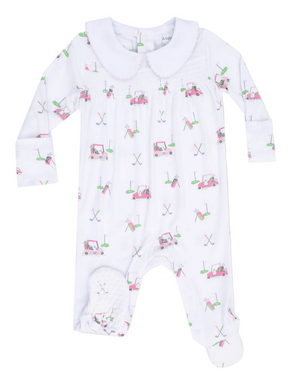 The Angel Dear Baby Girls' Smocked Peter Pan Snap Footie features long sleeves, a classic collar, and playful pink golf cart prints—ideal for fans of charming bamboo baby clothing.