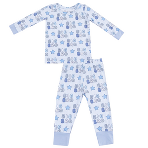 The Angel Dear Baby Long Sleeve Loungewear Set in light blue features "BIG BRO" text, blue star patterns, and includes a top and pants made from breathable fabric for cozy, all-night comfort.